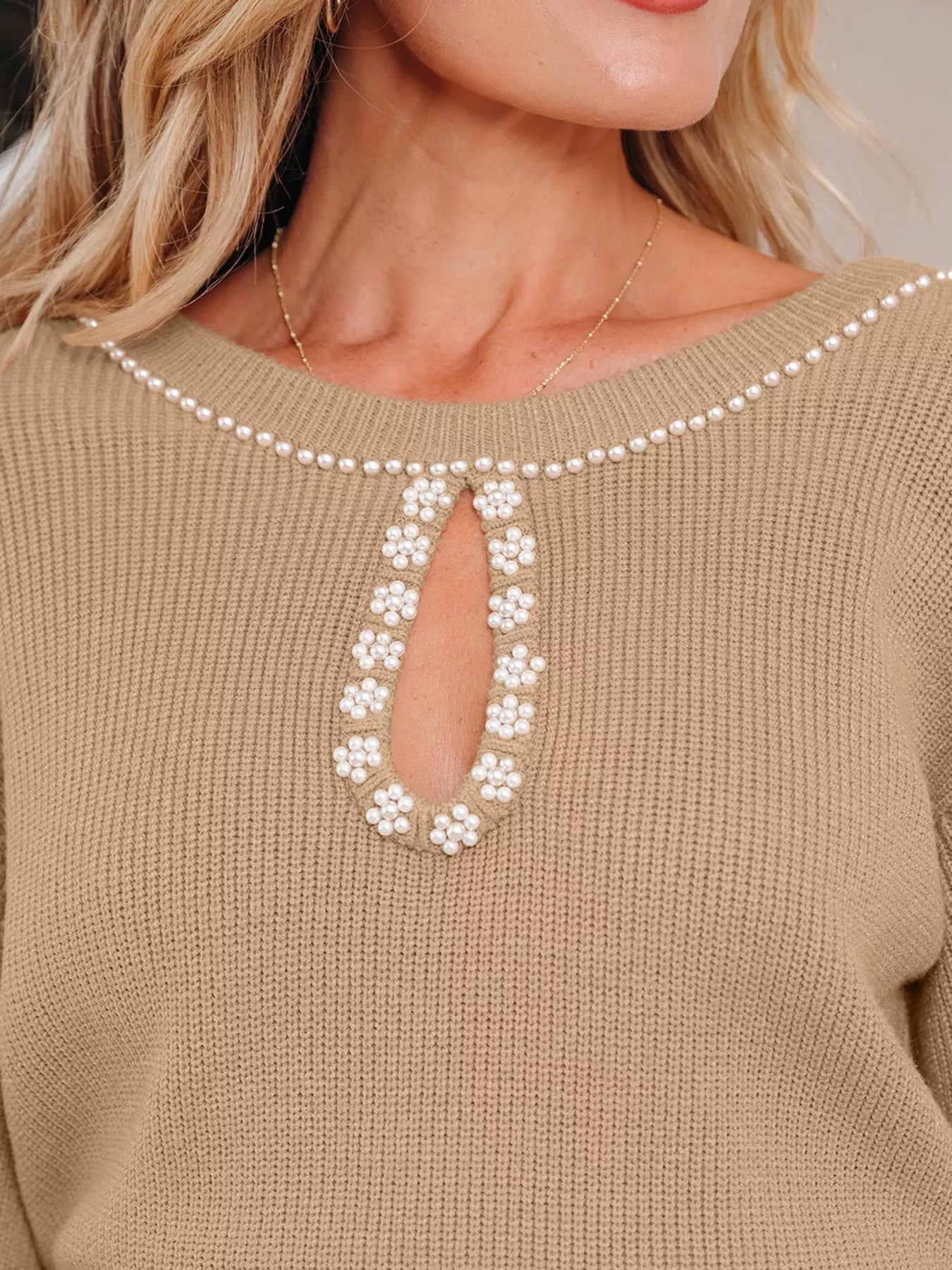 Pearl Embellished Keyhole Sweater Dress