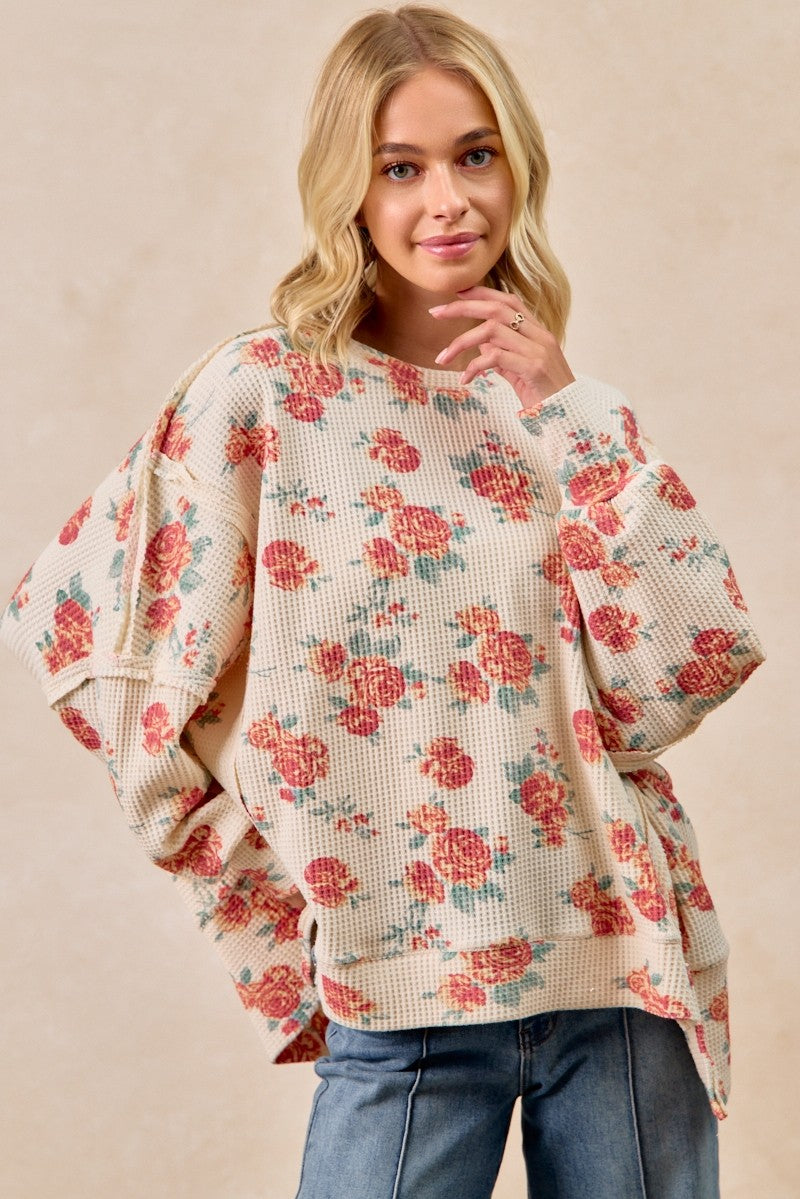 Floral Print Exposed Seam Waffle Knit Top