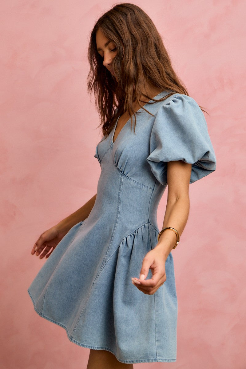 Puff Sleeves Fit-and-Flare Denim Mini Dress