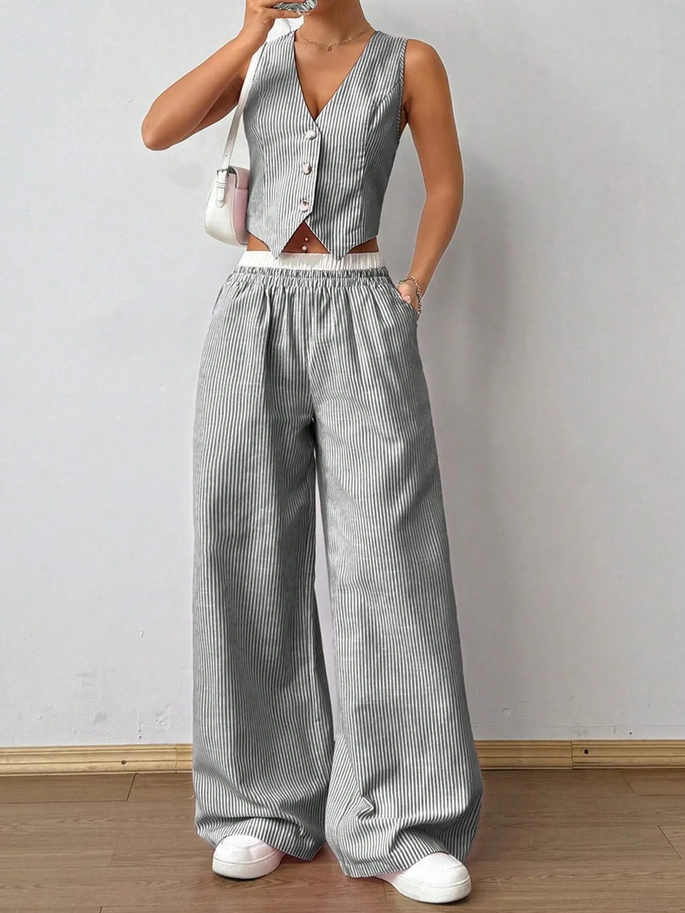 Striped Vest and Wide Leg Pants Set