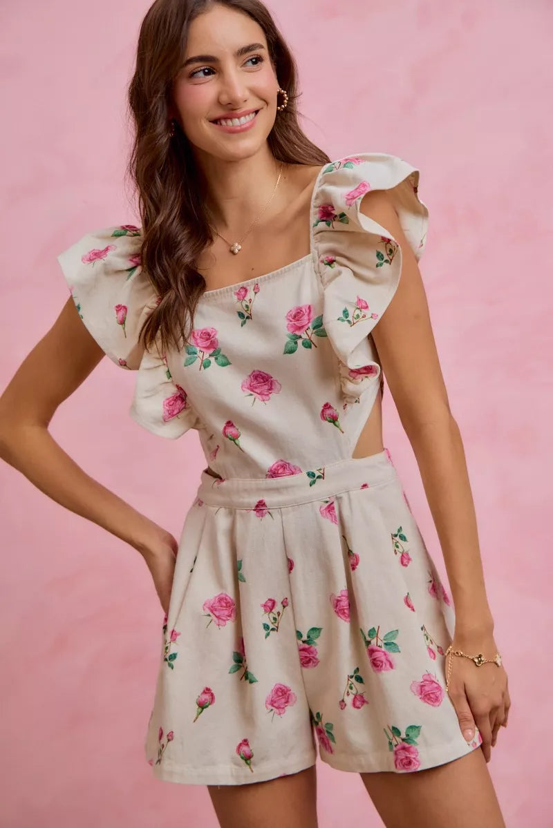 Floral Print Denim Ruffled Romper