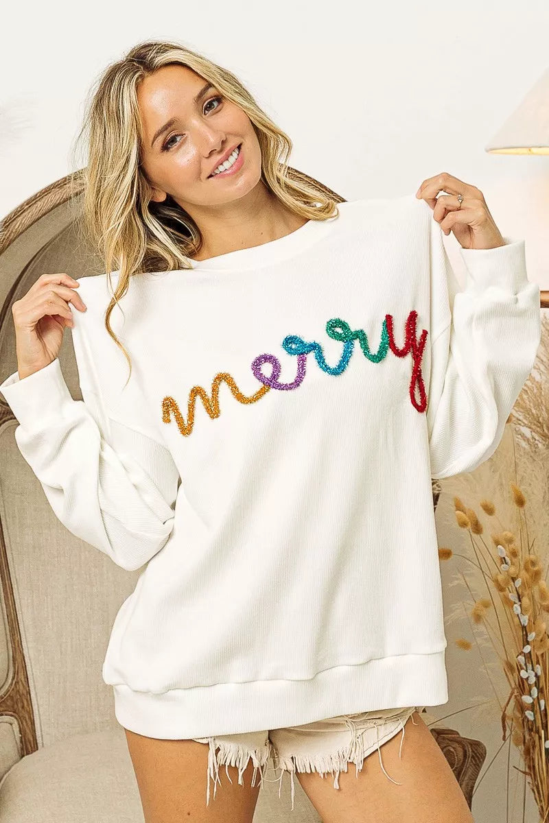 MERRY Tinsel Lettering Drop Shoulder Sweatshirt