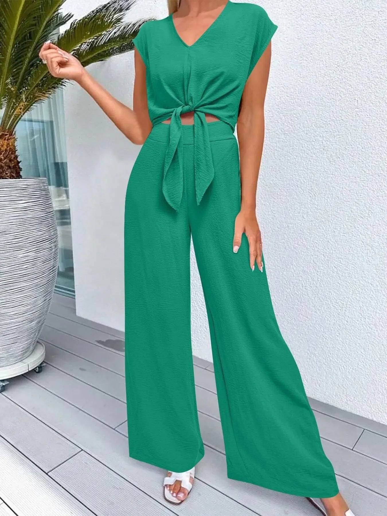 Casually Cool Tie Front Top and Wide Leg Pants Set
