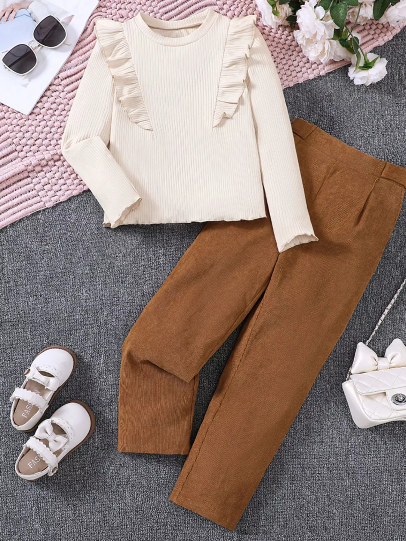 Girl's Ruffle Trim Top & Corduroy Pants Set