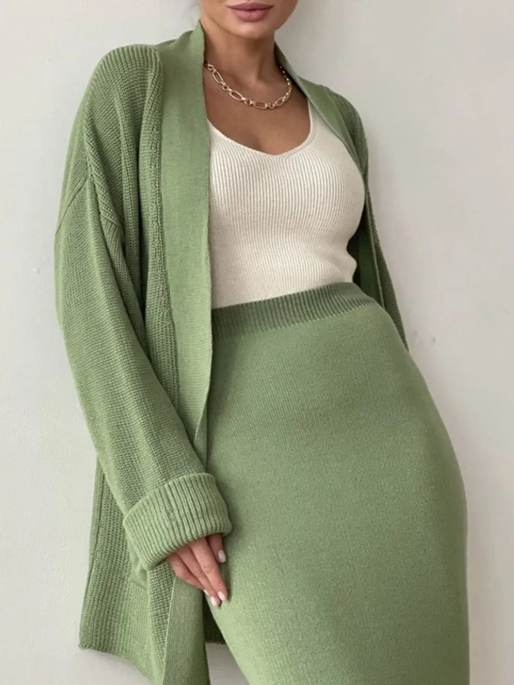 Open Front Cardigan and Midi Skirt Sweater Set
