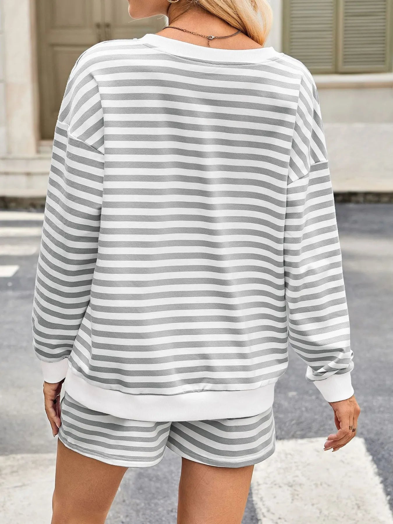 Striped Long Sleeve Top and Shorts Lounge Set