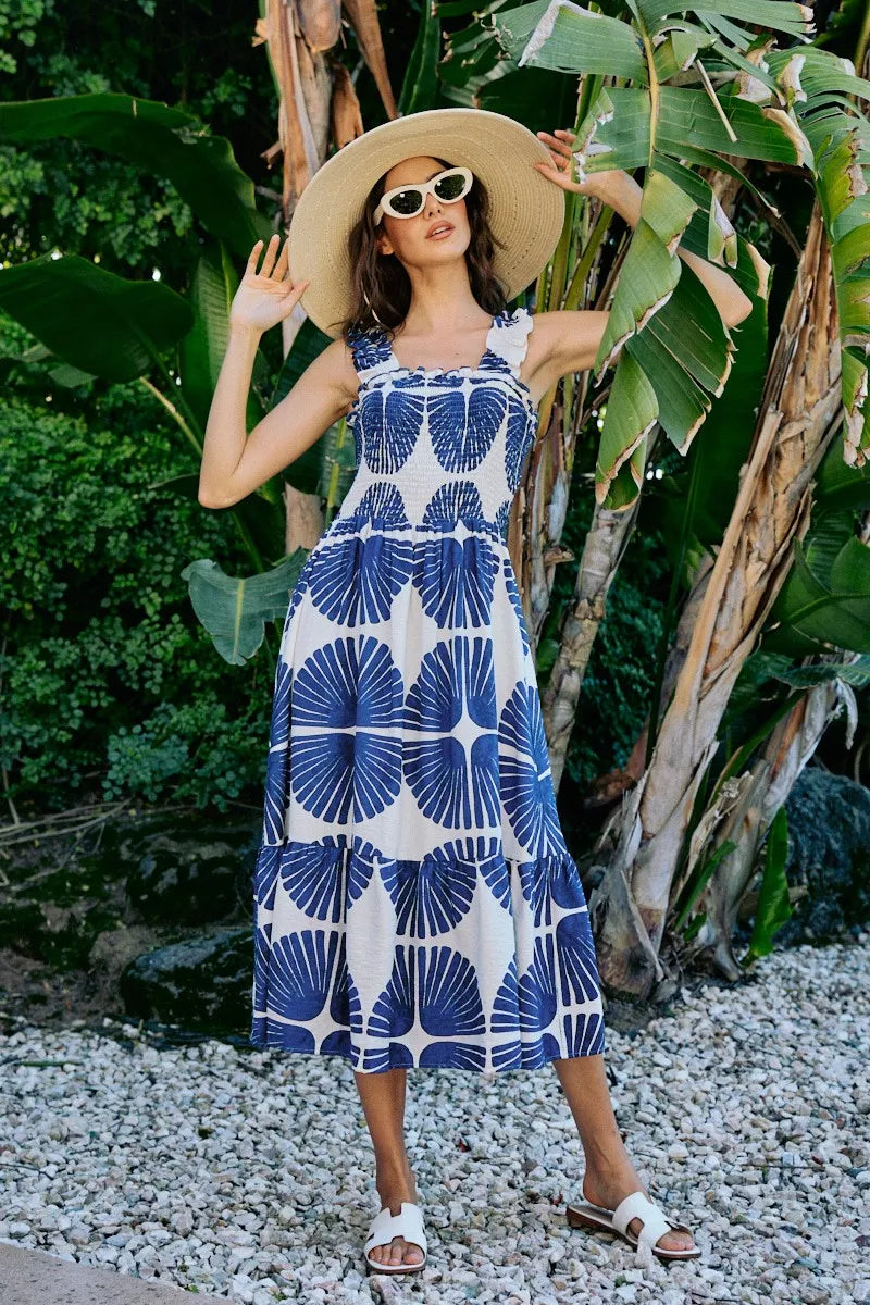 Smocked Tied-Back Summer Midi Dress