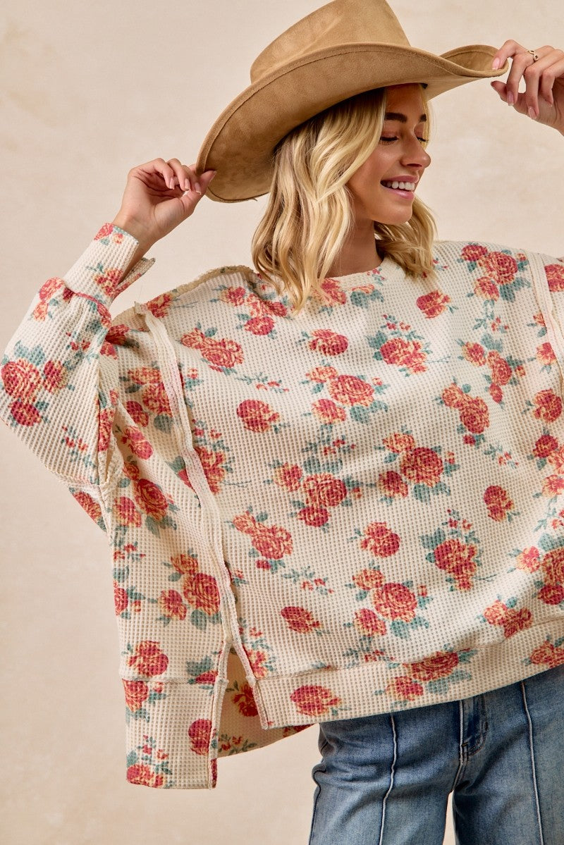 Floral Print Exposed Seam Waffle Knit Top