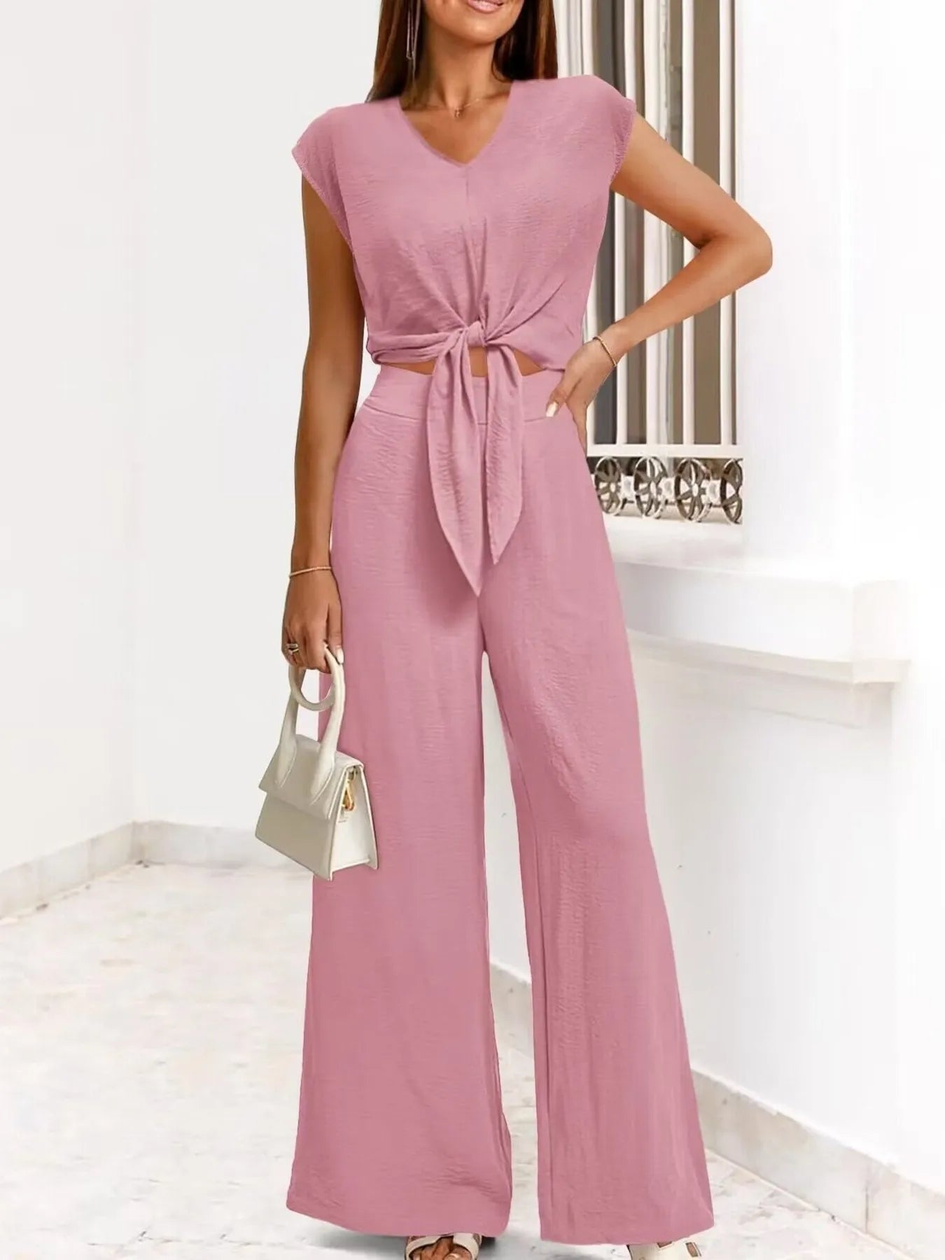 Casually Cool Tie Front Top and Wide Leg Pants Set