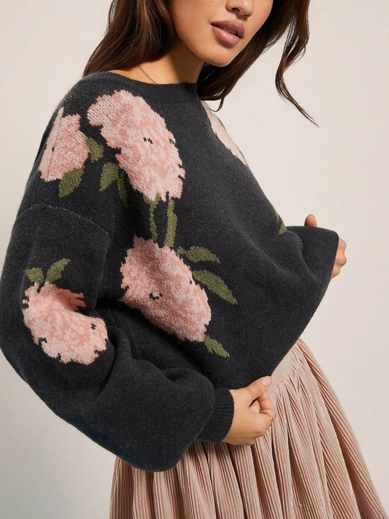 Floral Boat Neck Long Sleeve Sweater - Back View