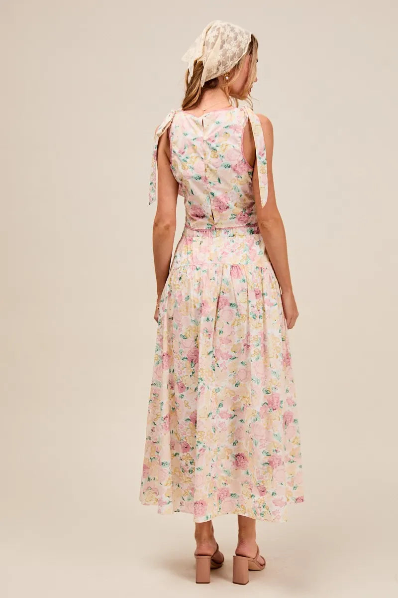 Floral Printed Shoulder Tie Top and Skirt Set