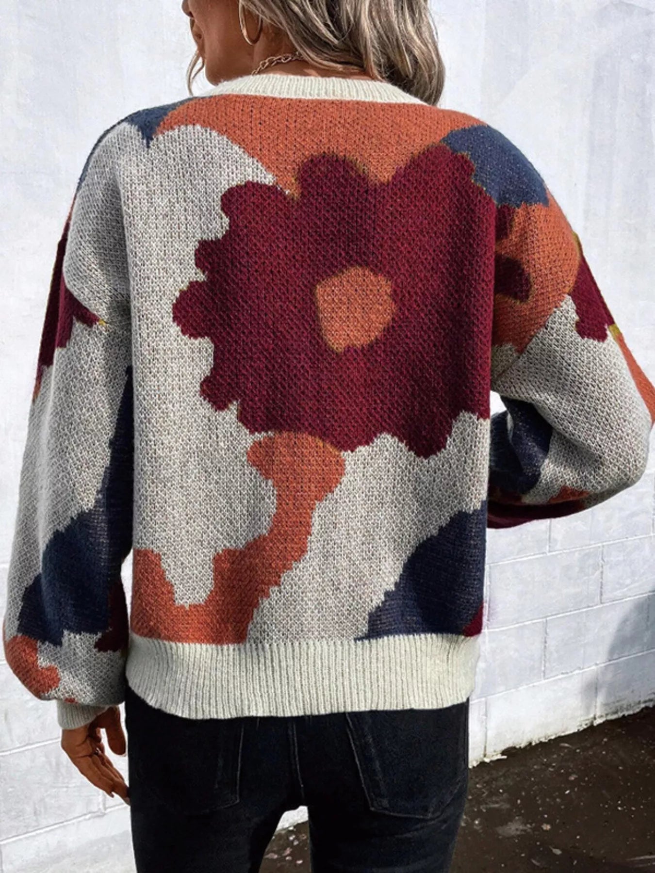 Floral Pattern Round Neck Sweater - Back View