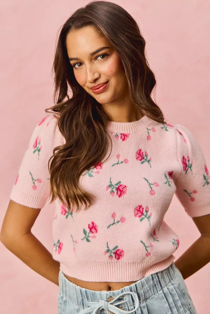 Floral Knit Sweater with Puff Sleeves