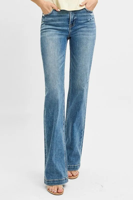 RISEN Full Size Distressed Detail Bootcut Jeans Plus Size - Front View