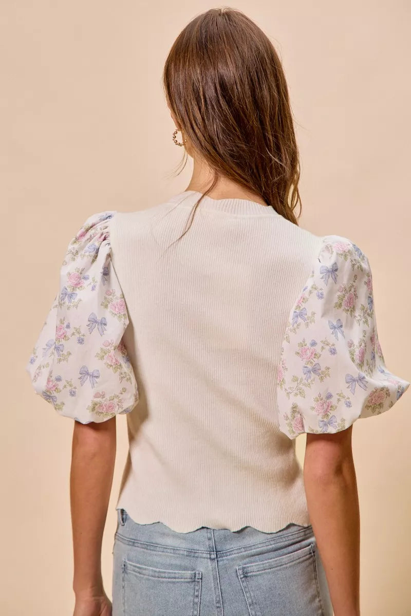 Floral Sleeve Scallop Sweater Top