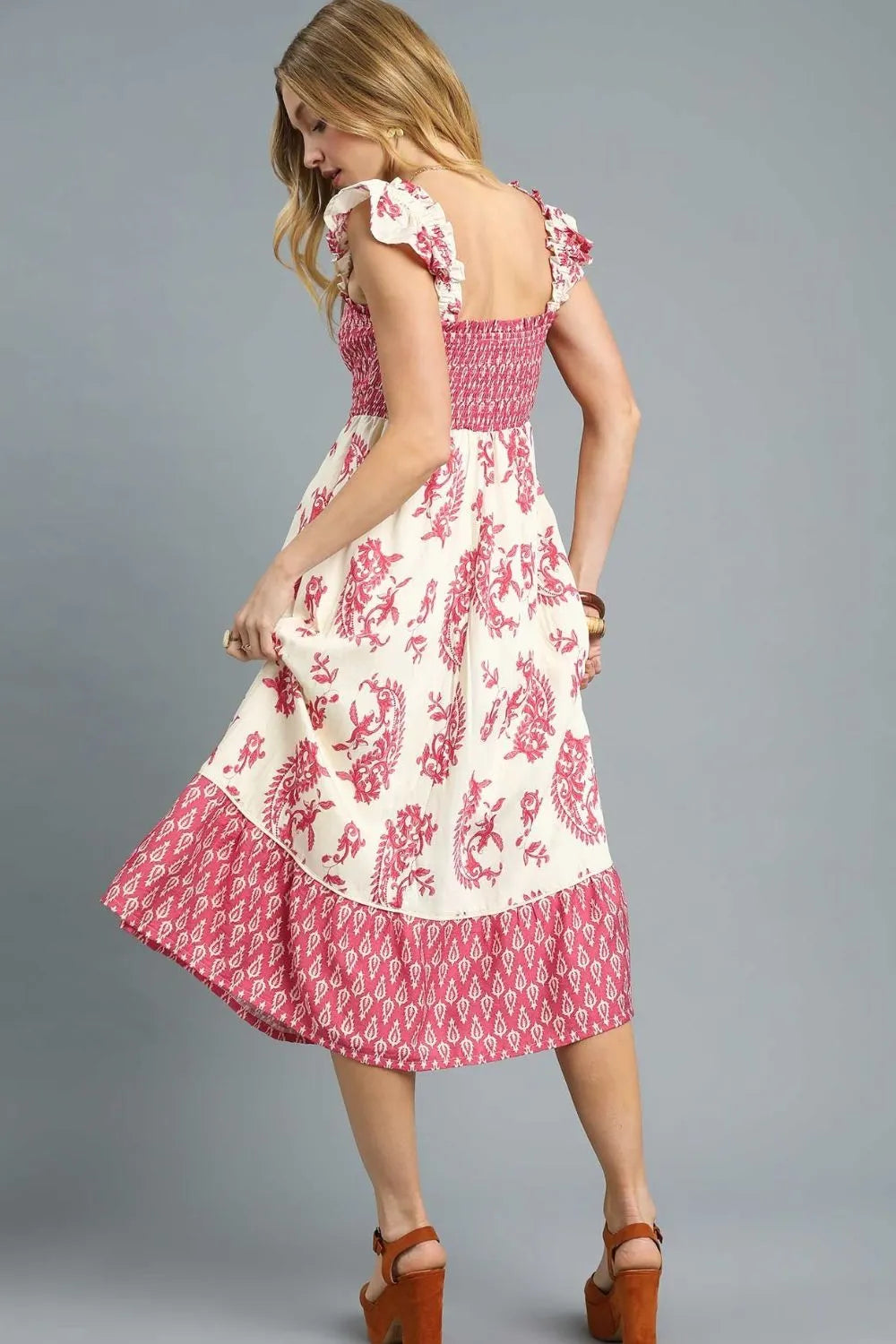Smocked Midi Dress with Ruffle Details