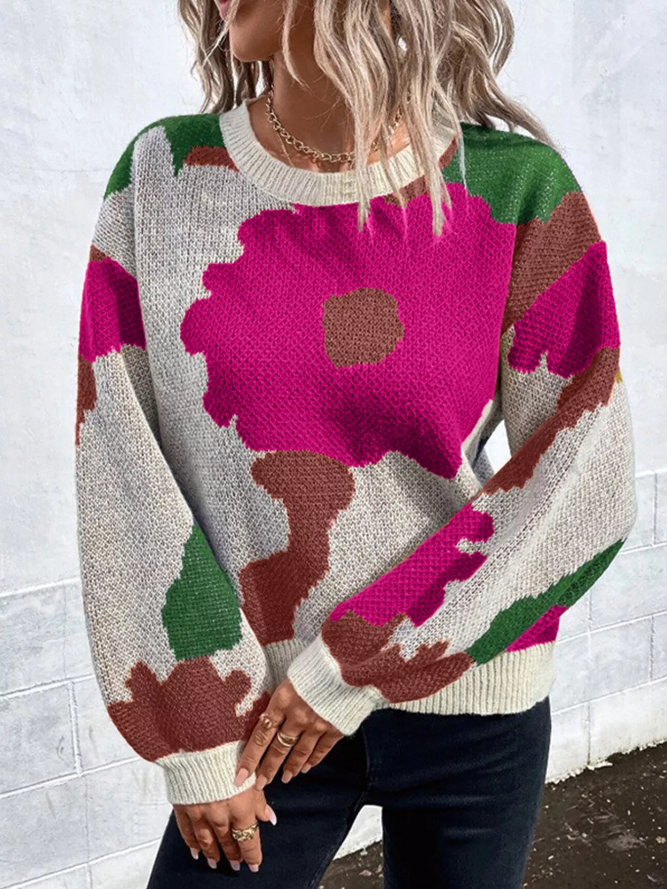 Floral Pattern Round Neck Sweater - Detail View 18