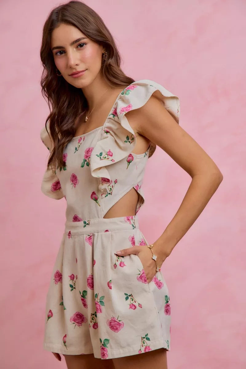 Floral Print Denim Ruffled Romper