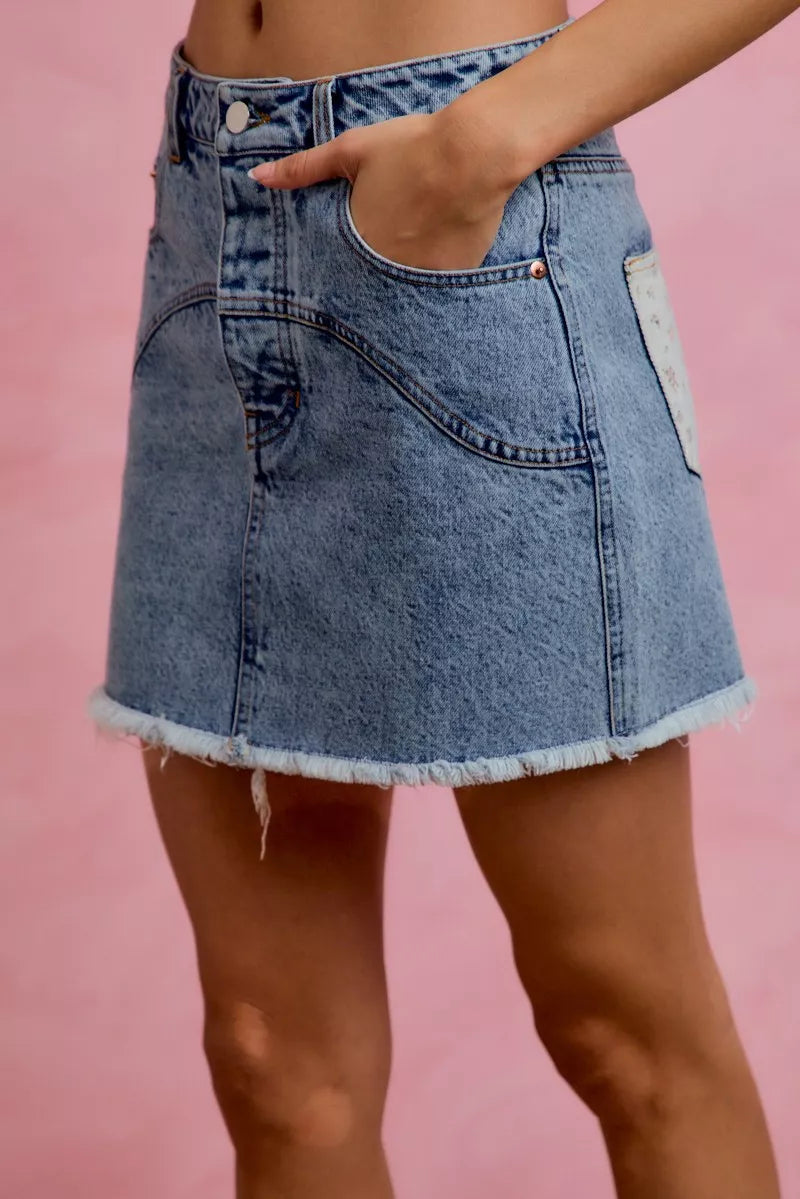 Denim Mini Skirt with Floral Print Pockets