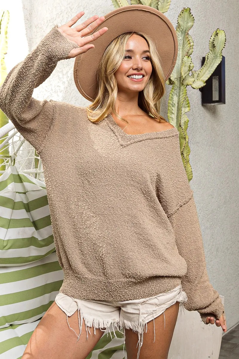 Raw Edged Texture V-neck Sweater