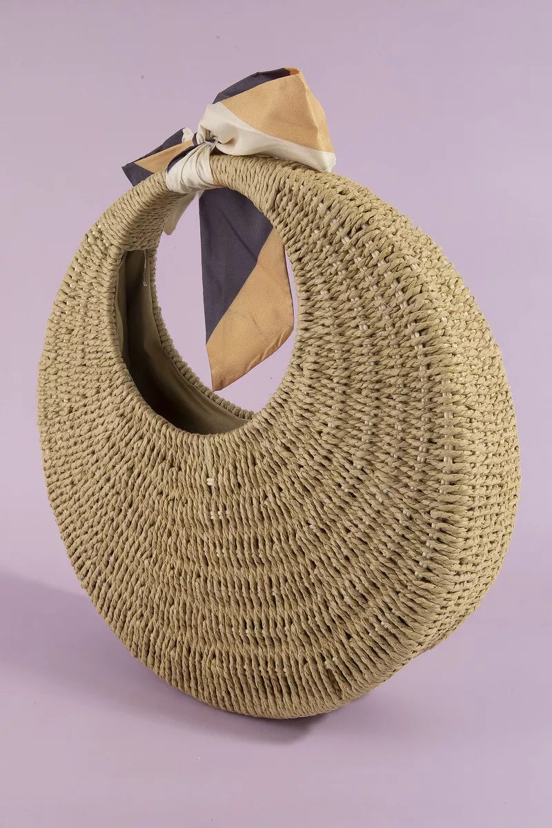 Round Woven Straw Bag With Bow Scarf Accent