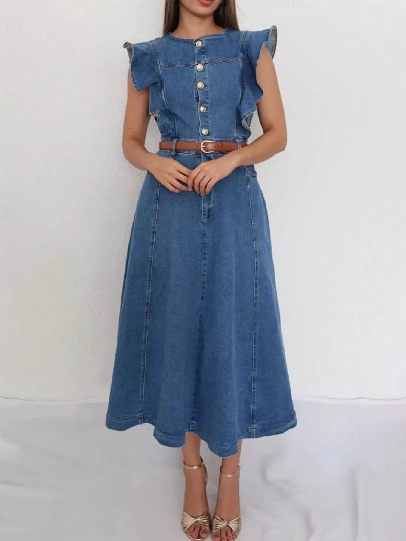 Belted Denim Midi Dress