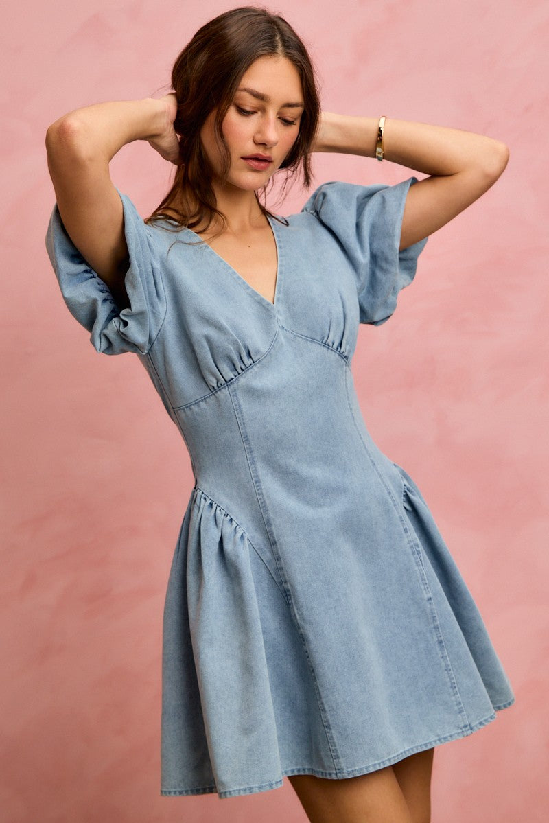 Puff Sleeves Fit-and-Flare Denim Mini Dress