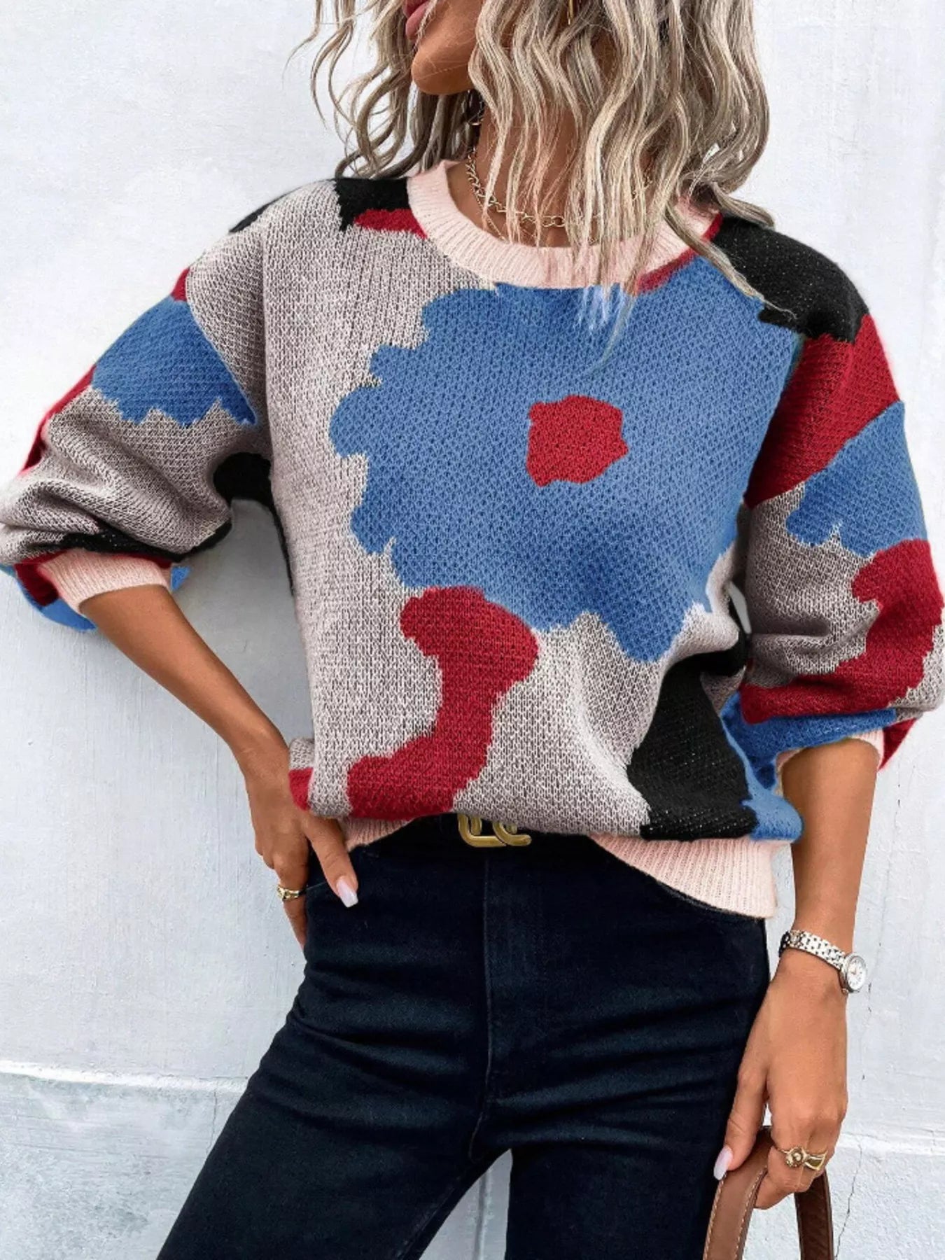 Floral Pattern Round Neck Sweater - Detail View 10