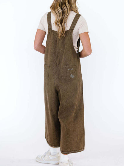 Distressed Wide Leg Denim Overalls - Detail View 15