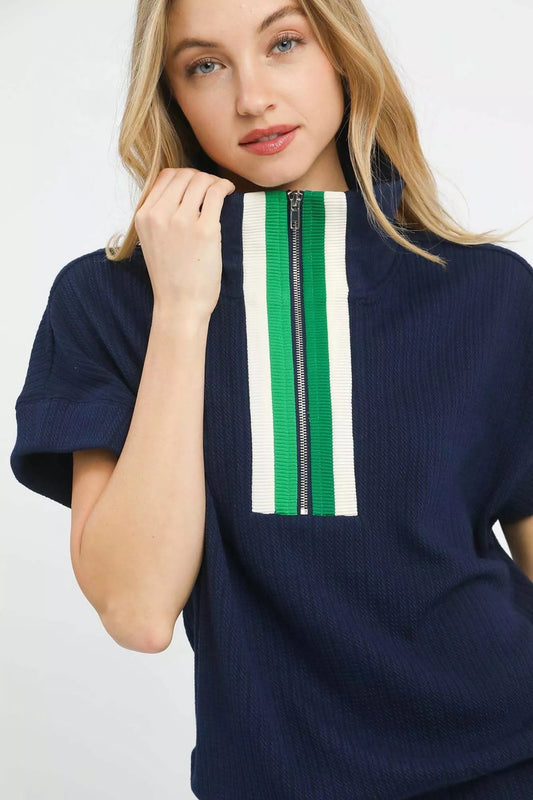 Textured Striped Zip Collar Knit Top - Detail View 5