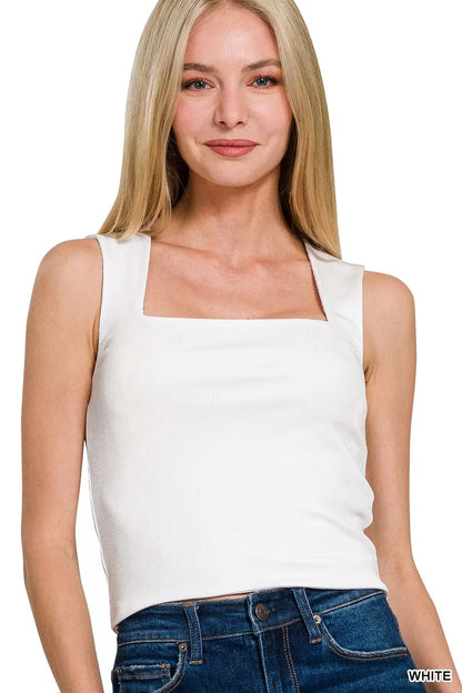 Ribbed Seamless Double Layered Square Neck Tank - White - Front View