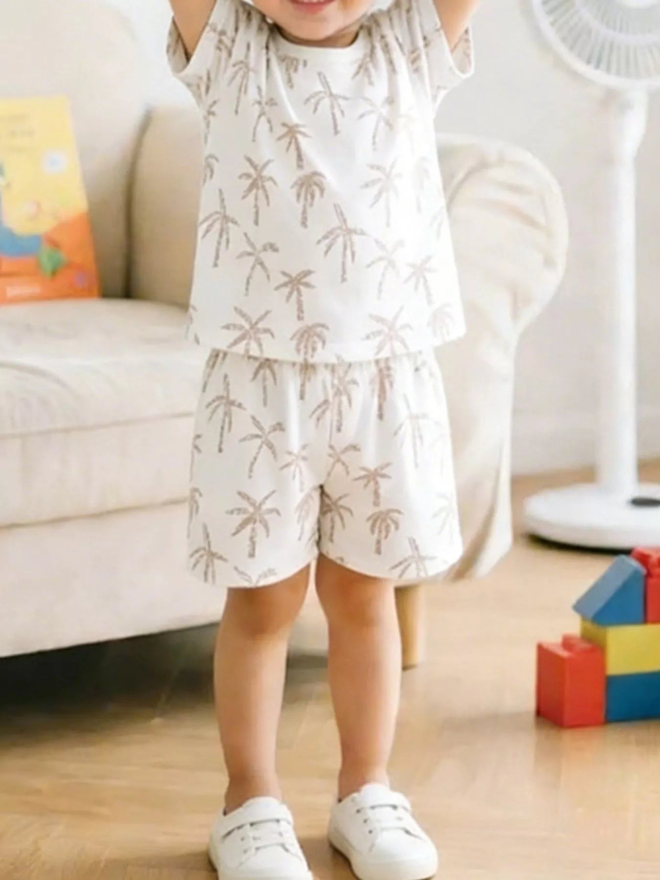 Tropical Palm Print Tee and Shorts Set - Front View