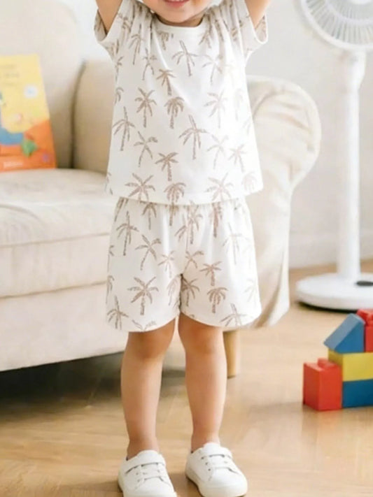 Tropical Palm Print Tee and Shorts Set - Front View
