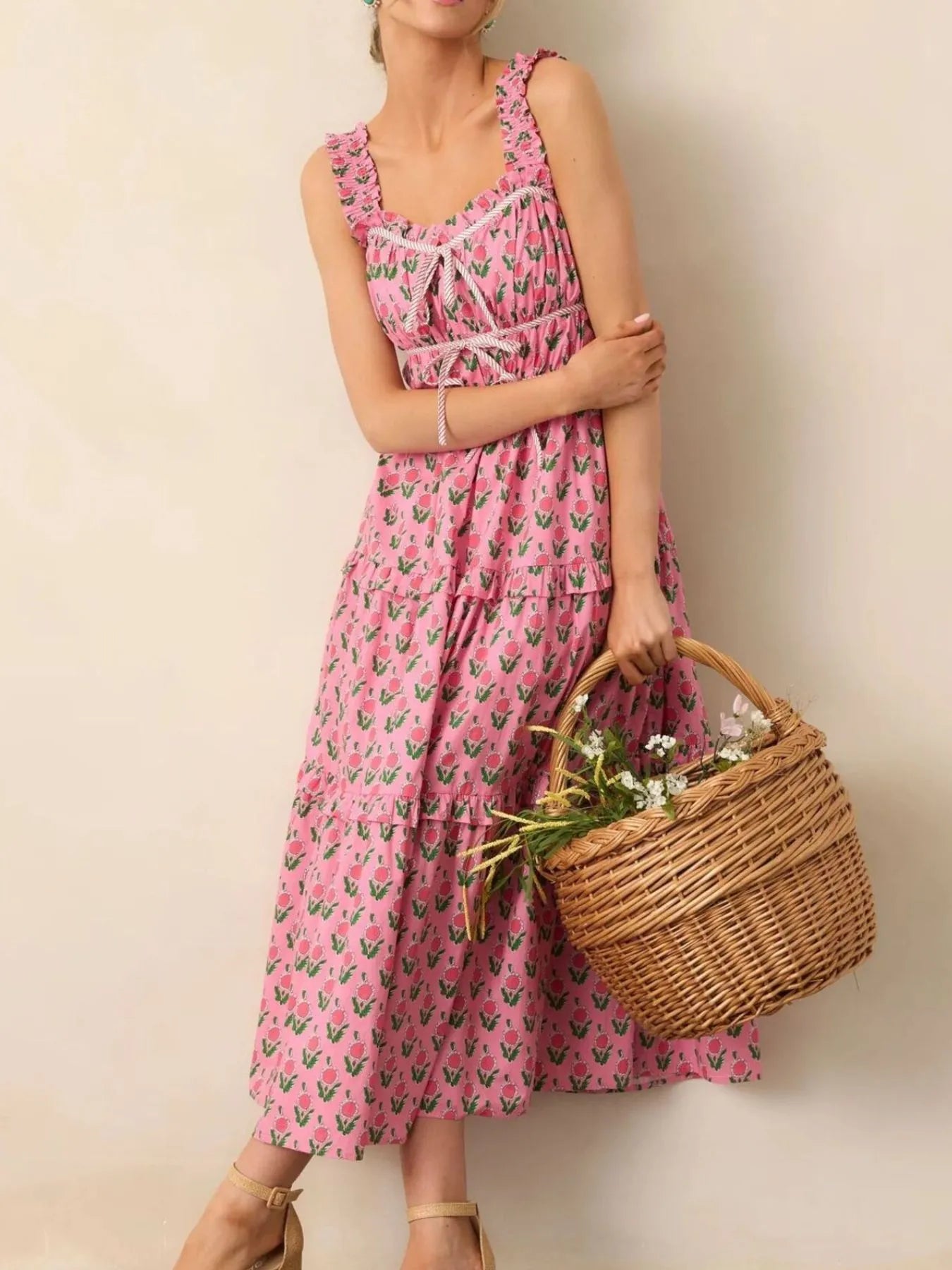 Southern Belle Pink Floral Midi Dress with Pockets