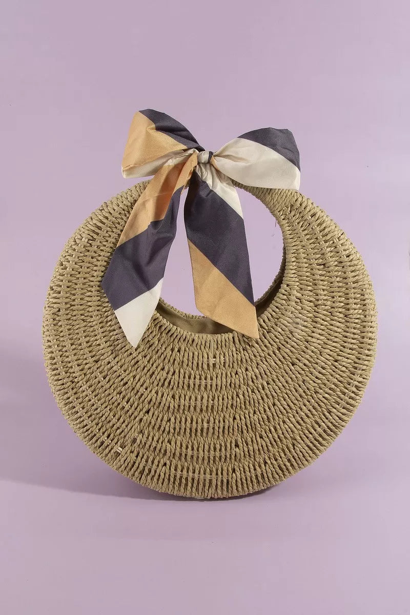 Round Woven Straw Bag With Bow Scarf Accent