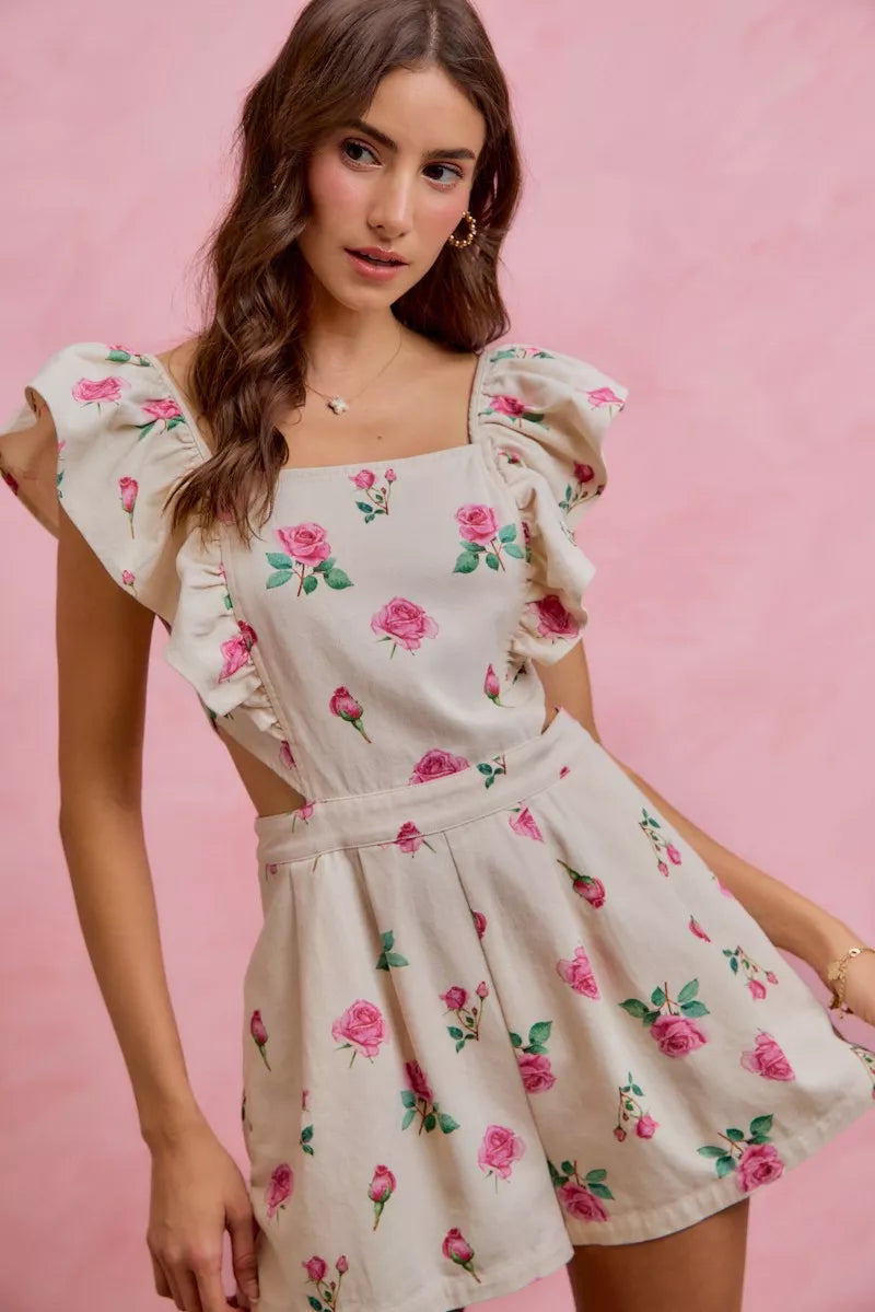 Floral Print Denim Ruffled Romper