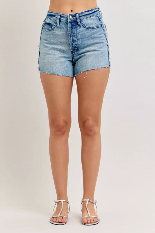 Judy Blue Hw Rigid Magic Cut Off Denim Shorts with Raw Side Seams - Front View