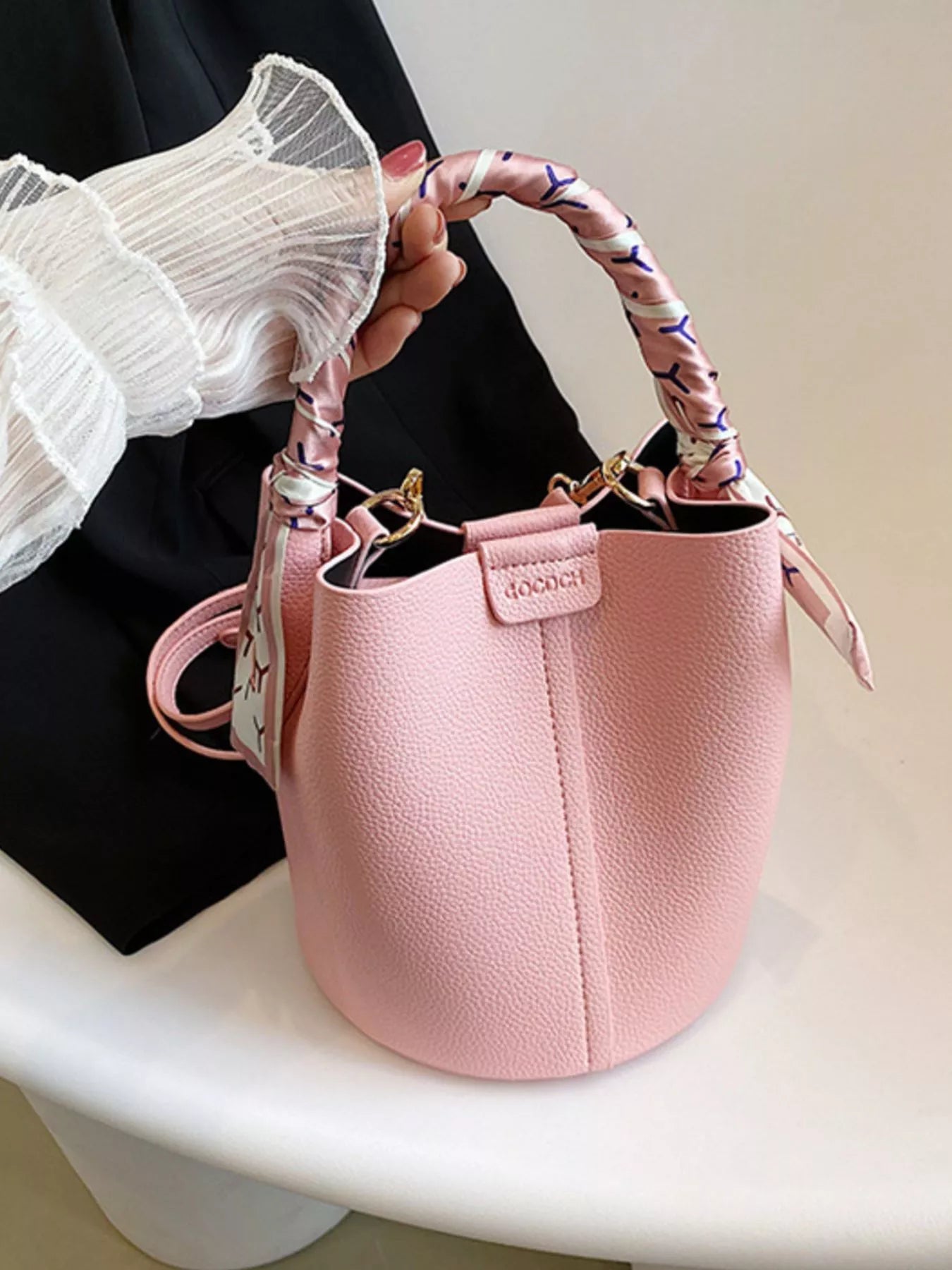 Bucket Crossbody Bag with Scarf Accent