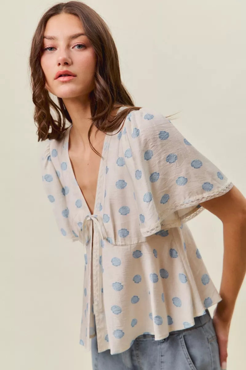 Shell Print Tie-Front Blouse
