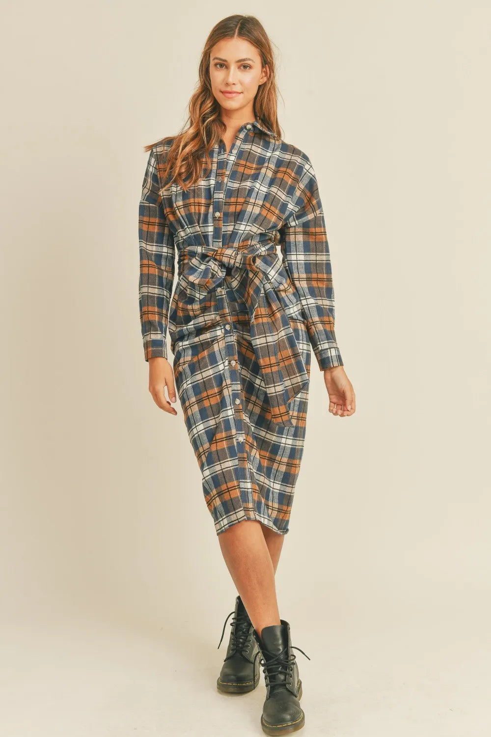 Plaid Flannel Front Tie Button Down Shirt Dress