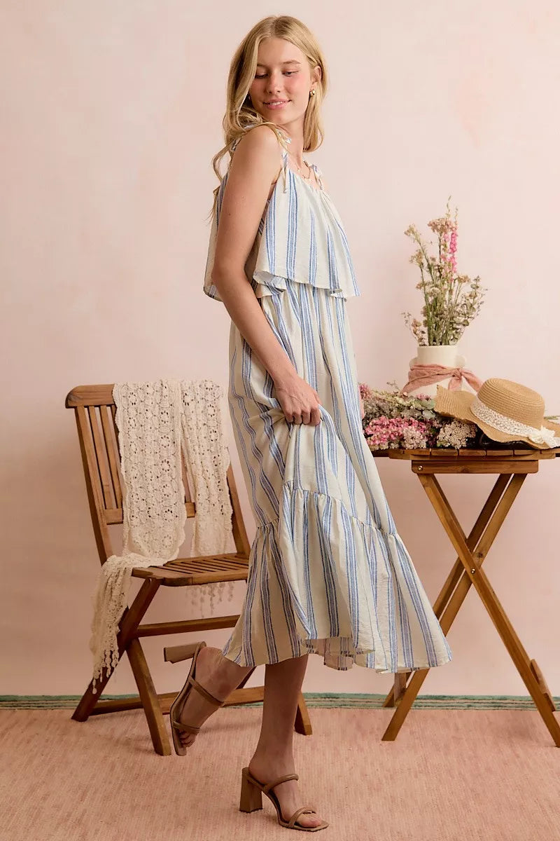 Stripe Shoulder Tie Midi Dress