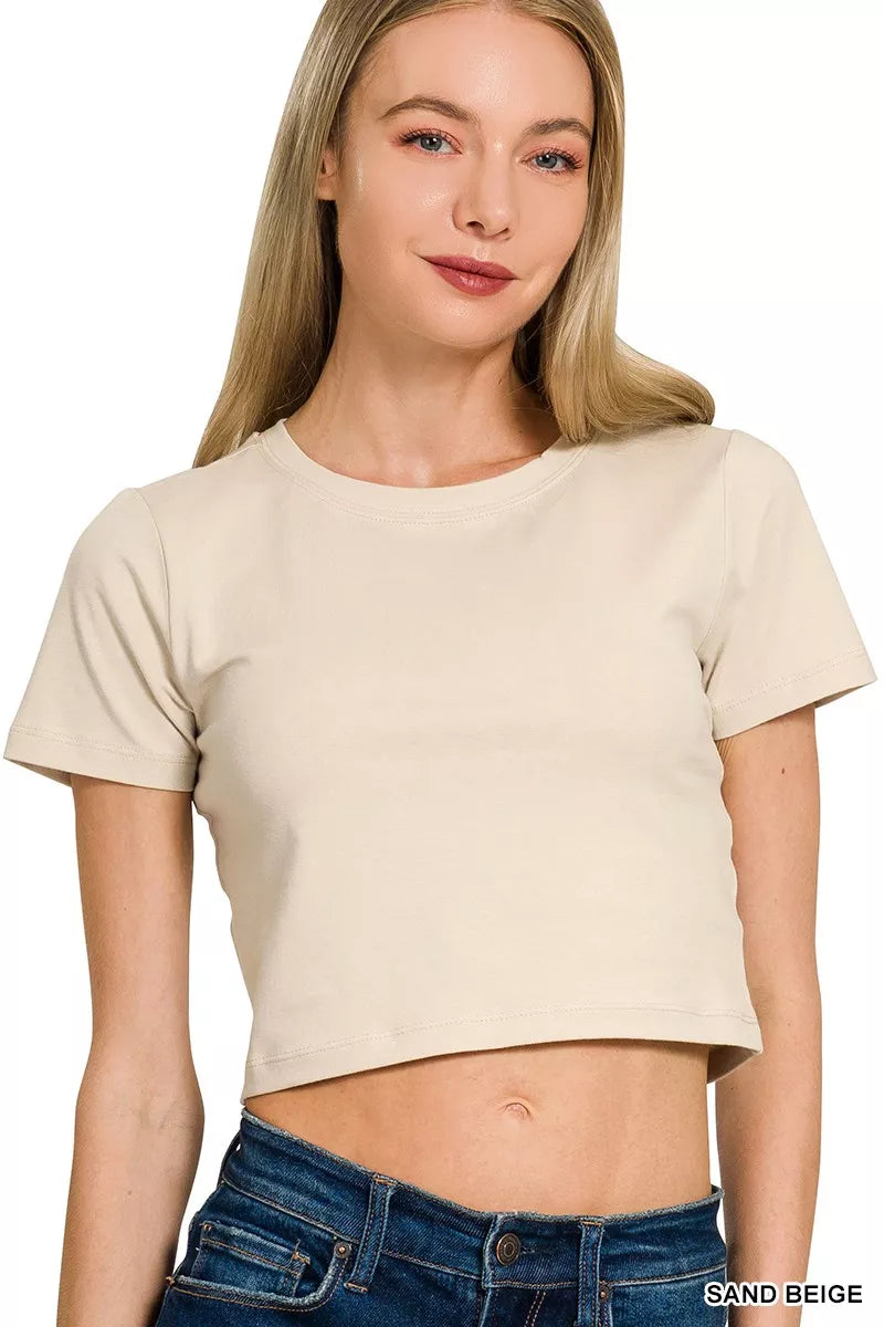 Cotton Short Sleeve Round Neck Cropped Top - Front View