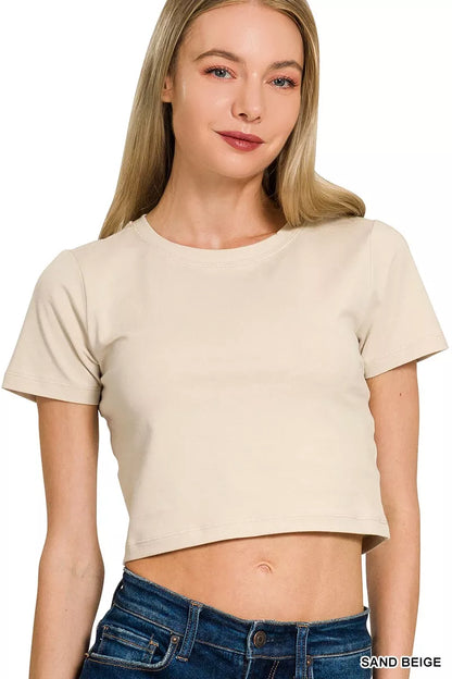 Cotton Short Sleeve Round Neck Cropped Top - Front View