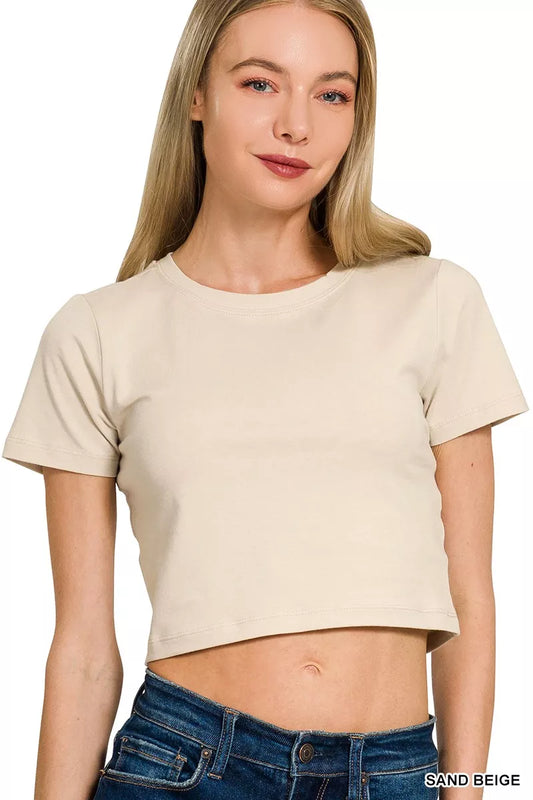 Cotton Short Sleeve Round Neck Cropped Top - Front View