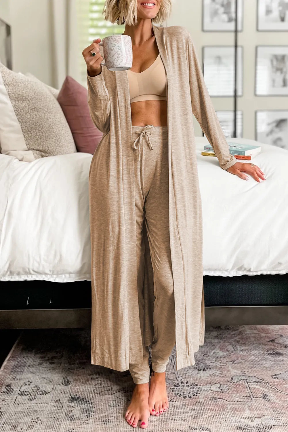 Open Front Cardigan and Pants Lounge Set