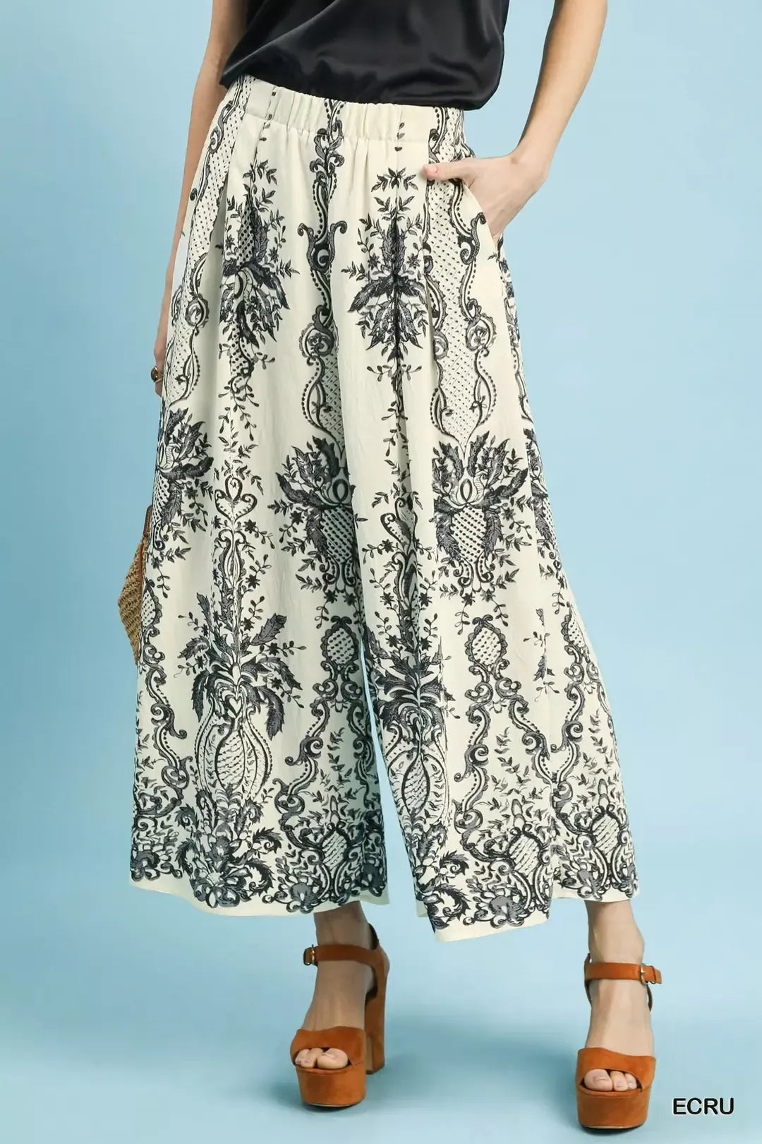 Border Print Wide Leg Pants