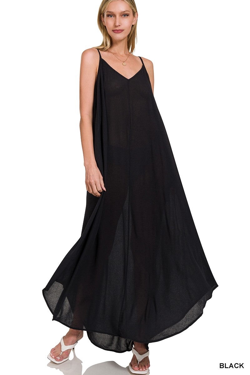 Crinkle Cami Maxi Dress with Pockets - Black