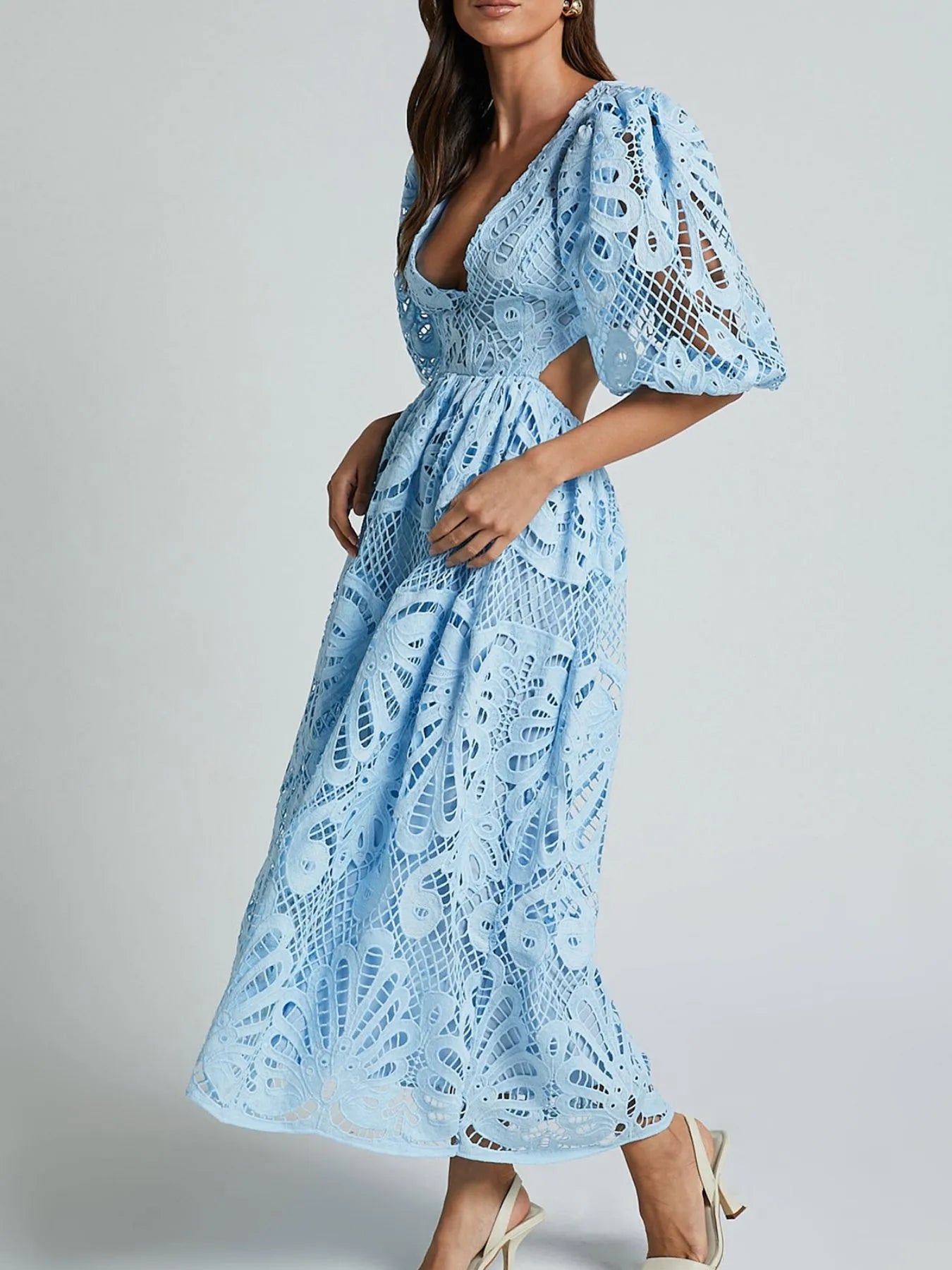 Cutout Back Lace Crochet V-Neck Dress - Detail View 8