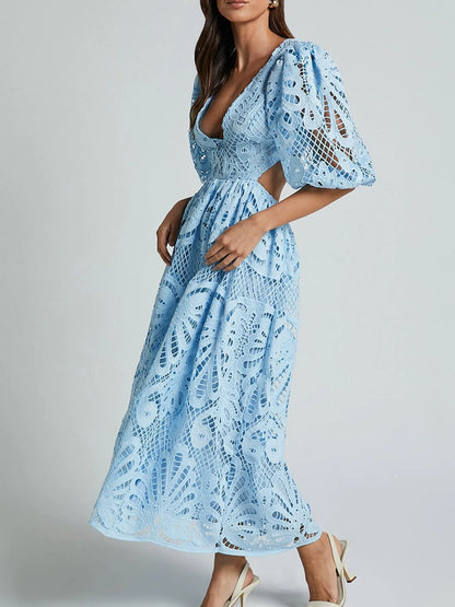 Cutout Back Lace Crochet V-Neck Dress - Detail View 8
