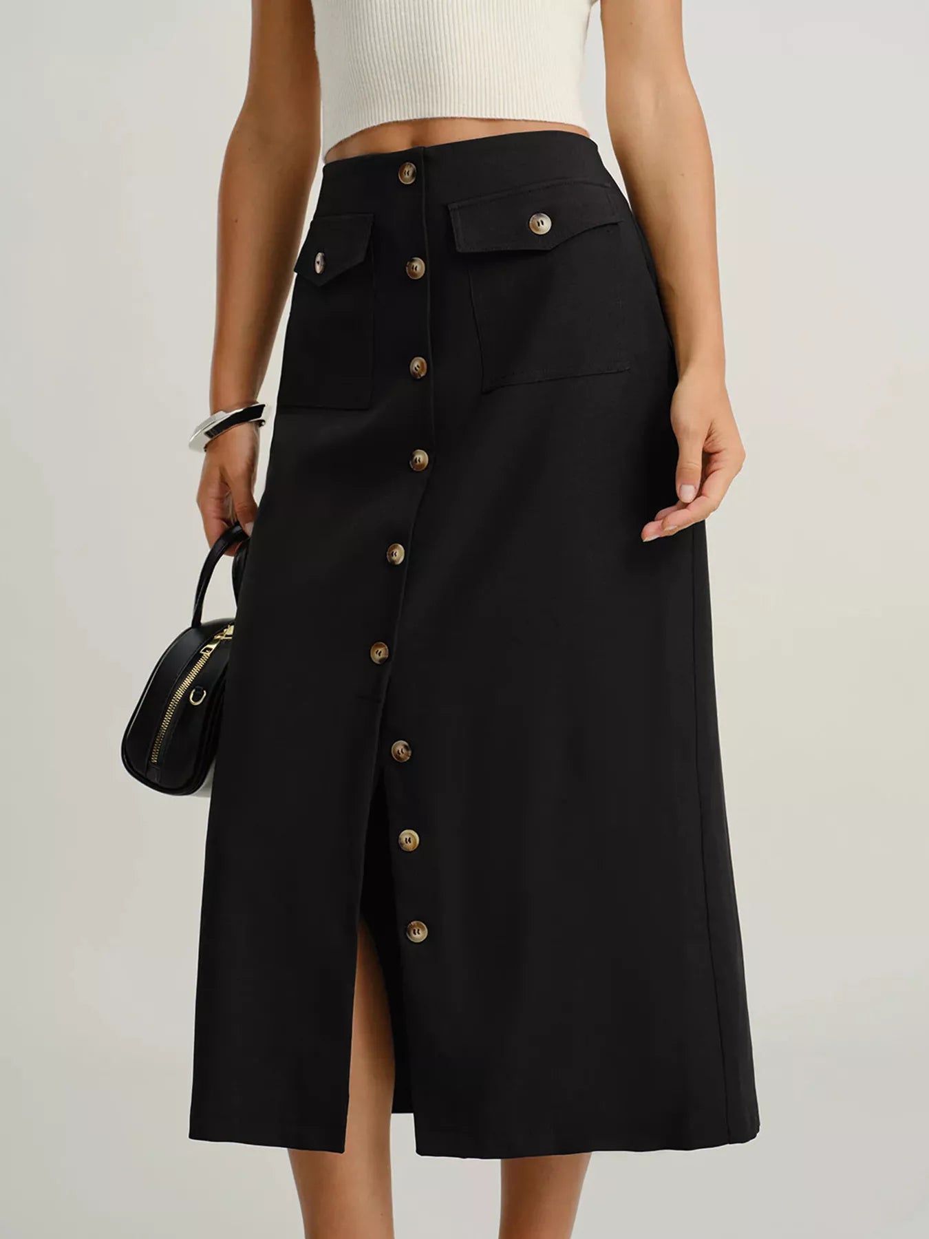 Button-Front Midi Skirt